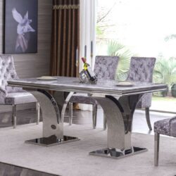 Titania Large Marble Dining Table with Designer Stainless Steel Silver Legs