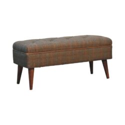 Vintage Brown Tweed Bench with Buttoned Seat