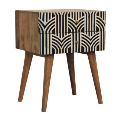 Wood and Bone Inlay Bedside Table with Drawers & Wooden Legs
