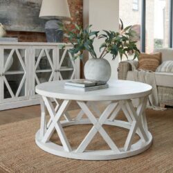 Aylsham Round Rustic White Wooden Coffee Table with Lattice Design