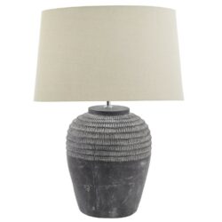 Helena Carved Rustic Grey Stone Table Lamp with Linen Shade
