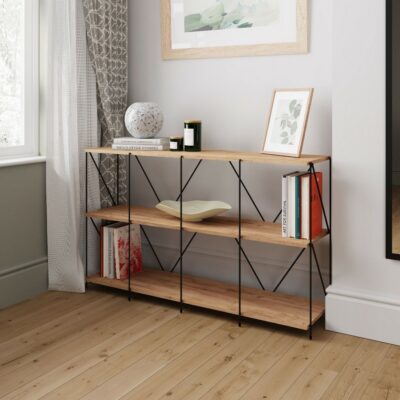 Leyland Open Shelving Display Unit Console Table in Natural Oak & Black Metal