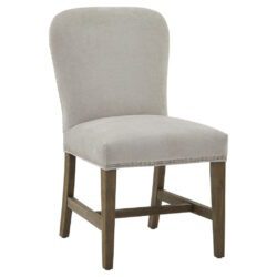 Luxury Light Grey Dining Chair with Wooden Legs & Stud Detail