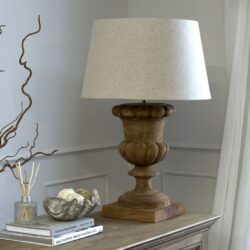 Carved Rustic Vintage Wooden Table Lamp with Natural Cream Linen Shade
