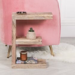 E Shaped Wooden Side Table with Natural Rustic Finish