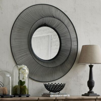 Large Round Black Mirror with Metal Wire Frame Design