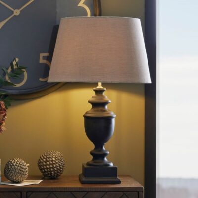 Rafina Wooden Vintage Dark Grey Table Lamp with Cream Linen Shade