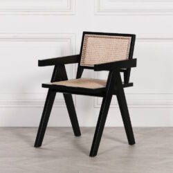 Rattan Black Dining Chair with Arms in Painted Wood