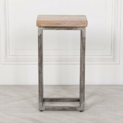 Silver Metal Lamp Table with Rustic Wooden Top