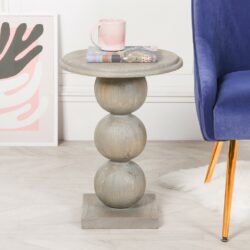 Unique Round Wooden Lamp Table with Stacked Ball Design