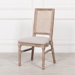 Vintage Wooden Rattan Dining Chair with Brown Linen Seat & Square Back