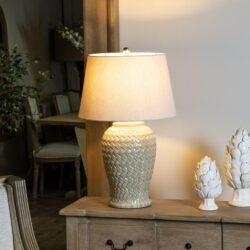 Woven Large Cream Table Lamp with Natural Linen Shade