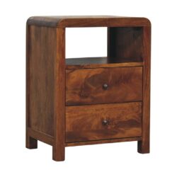 Curved Dark Wooden Lamp Table with Drawers & Chestnut Finish