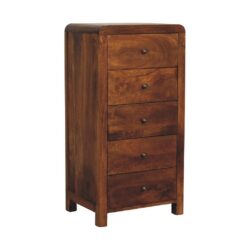 Curved Dark Wooden Tall Chest of Drawers with Chestnut Finish