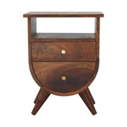 Curved Wooden Chestnut Bedside Table with Drawers & Open Slot