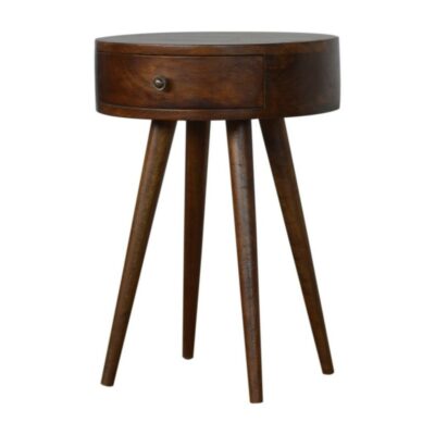 Round Wooden Chestnut Bedside Table with Drawer