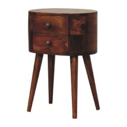 Rounded Small Chestnut Wooden Bedside Table with 2 Drawers