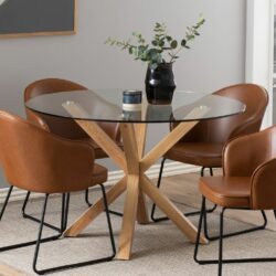 Asino Modern Round Glass Dining Table with Wooden Legs