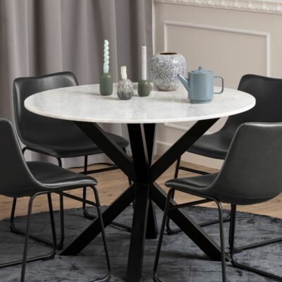 Asino Modern Round White Marble Dining Table with Black Legs