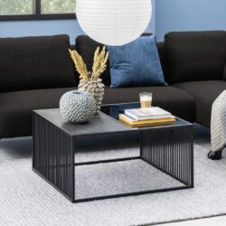Bourges Square Modern Black Coffee Table with Marble & Glass