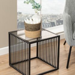 Bourges Square Modern Black Glass Lamp Table with Smoked Glass Top