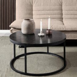 Calais Modern Round Black Marble Coffee Table with Black Base