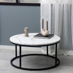 Calais Modern Round White Marble Coffee Table with Black Base