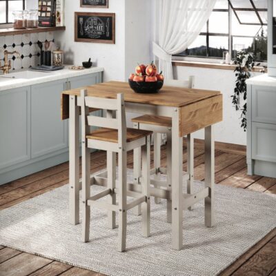 Catrell Large Grey Wooden Dropleaf Bar Table and Bar Chair Set for 2 People