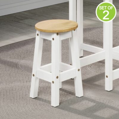 Catrell Round Wooden White Stool in Pine Wood - Pair