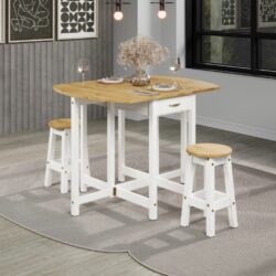 Catrell Wooden Dropleaf White Table and Stools Set in Pine Wood