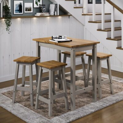 Catrell Large Wooden Grey Bar Table and Stool Set with Rustic Edge