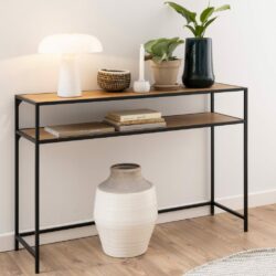 Duke Minimalist Black Console Table with Wooden Shelves