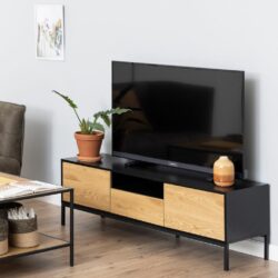Duke Modern Large Black TV Cabinet with Wooden Fronts