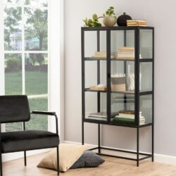 Duke Modern Tall Black Glass Display Cabinet with Wooden Shelves
