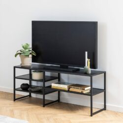 Duke Open Modern Black TV Unit with Black Ash Wooden Shelves