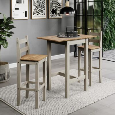 Grey Wooden Dropleaf Bar Table and Bar Chair Set for 2 People
