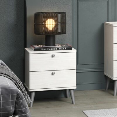 Jodie Modern White Bedside Table with Drawers & Woodgrain Finish