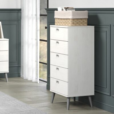 Jodie Tall White Chest of Drawers Tallboy with Woodgrain Finish