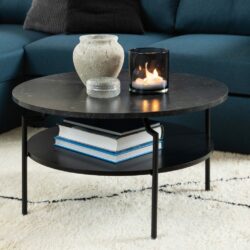 Metz Modern Round Black Marble Coffee Table with Black Legs