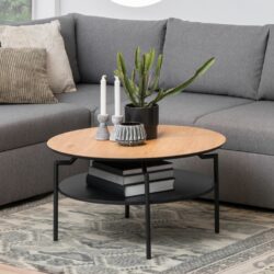 Metz Modern Round Wooden Coffee Table with Black Legs