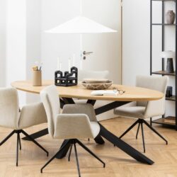 Modern Large Oval Wooden Dining Table with Oak Veneer & Black Legs
