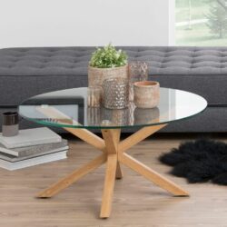 Modern Round Glass Coffee Table with Wooden Legs