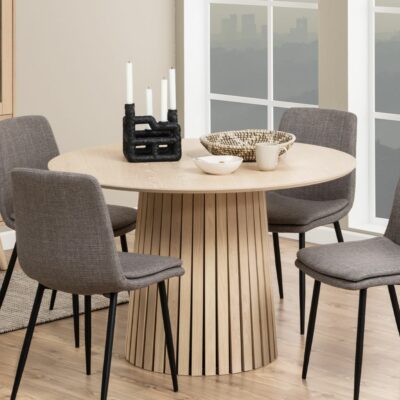 Loiret Modern Round Light Wooden Dining Table with Oak Veneer & Pedestal Base