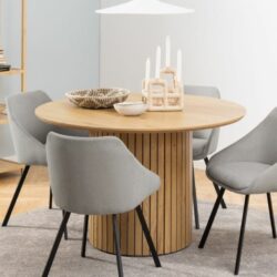 Modern Round Wooden Dining Table in Warm Oak with Slatted Base