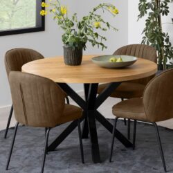 Modern Round Wooden Dining Table with Oak Veneer & Black Legs