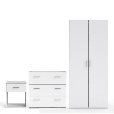 Modern White Bedroom Set - Double Wardrobe, Chest of Drawers & Bedside