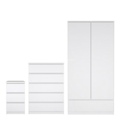 Modern White Bedroom Set - Wardrobe, Chest of Drawers & Bedside