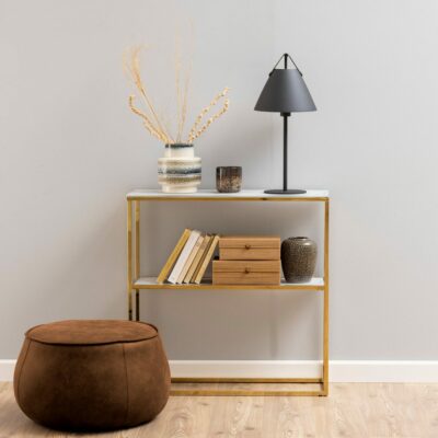 Modern White Marble Console Table with Gold Legs & Shelf