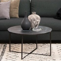 Round Black Marble Coffee Table with Glass Top