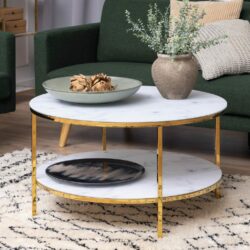Round White Marble Coffee Table with Glass Top - Gold or Black Legs